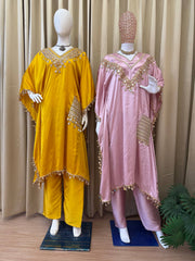 Luxury Kaftan & Pant Set Malaysia | Premium Devsena Satin Kaftan with Embroidered Lace & Real Mirror Work | Modest Fashion | Eid & Party Wear Dress