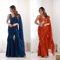 Luxury Ready to Wear Sharara Saree Malaysia | Premium Fox Georgette Wedding Saree with Stitched Blouse | Party Wear & Festive Collection