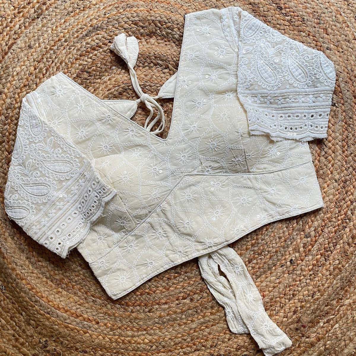 Pure Cotton Camric Hakoba Work Alia Cut Blouse | Zara 4 Designer Off White Padded Readymade Saree Blouse