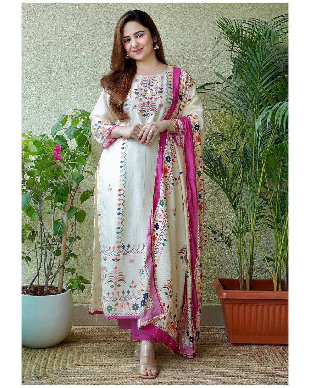 New Digital Print Kurti Set Malaysia | Maslin Kurta Pant Dupatta with Handwork & Sequence Work | Plus Size Available