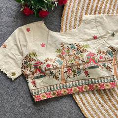 Pure Khadi Cotton Blouse Malaysia | Partywear Heavy Padded Embroidered Blouse | Designer Khadi Cotton Readymade Blouse Online