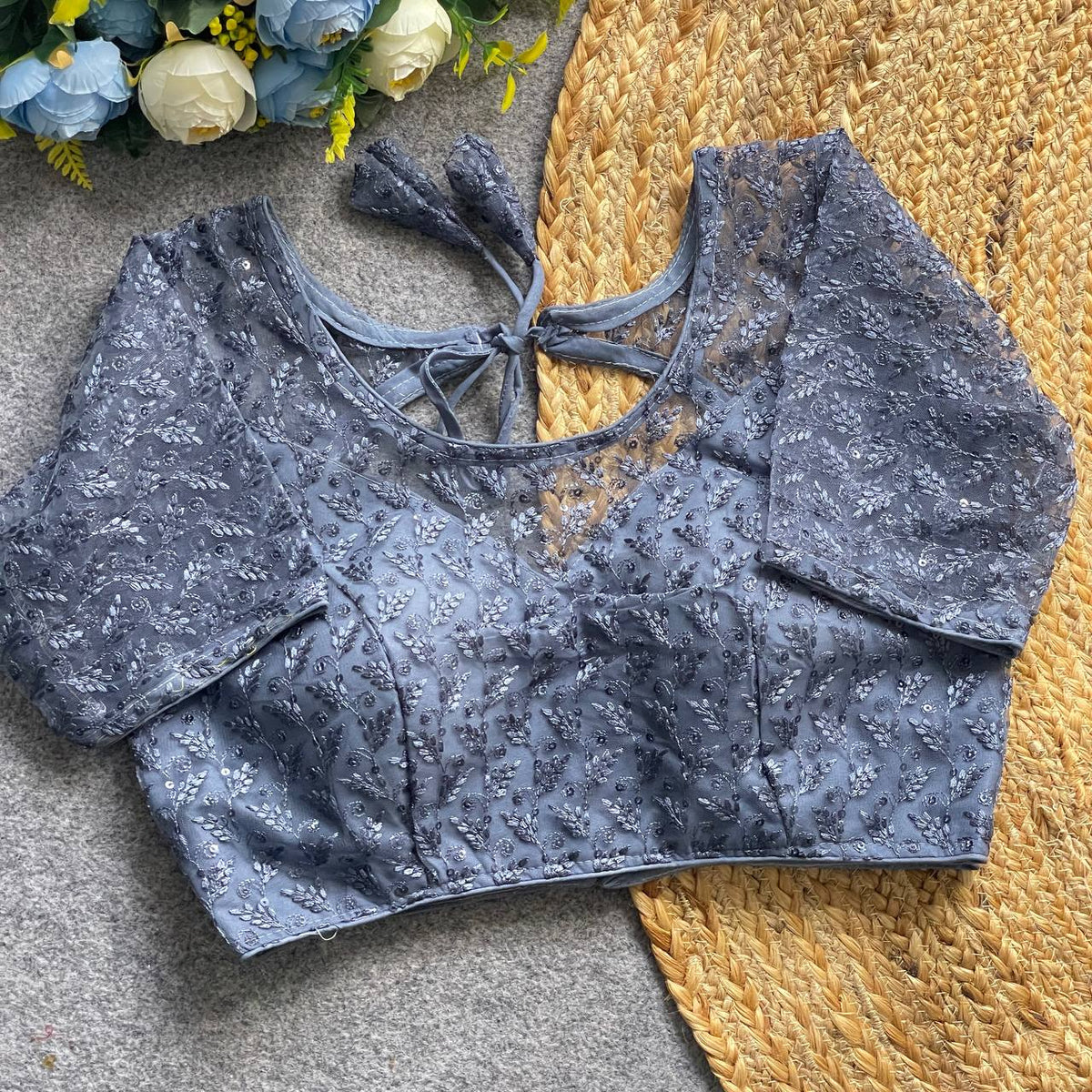 Soft Pure Nylon Readymade Blouse with Chiffli Embroidery & Sequin Work | Partywear Saree Blouse  | Ready to Wear Blouse Online