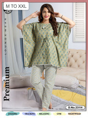 Premium Cotton Night Suit|  Piece Kaftan Top & Pajama Set | Comfortable Sleepwear for Women