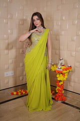 New Designer Ready to Wear Lehenga Saree Malaysia | Georgette Sleeveless Blouse with Back Dori & Sequins Embroidery Work | Party Wear & Wedding Collection