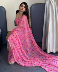 Ready To Wear Pink Georgette Saree with Printed Work & Blouse Piece | Stitched Saree | Party Wear Saree Online Shopping