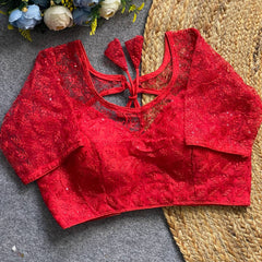 Soft Pure Nylon Readymade Blouse with Chiffli Embroidery & Sequin Work | Partywear Saree Blouse  | Ready to Wear Blouse Online