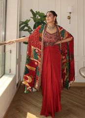 Red Embroidered Mughal Skirt Cape Set