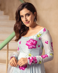 trendy sky Coloured Flaired Kurta With Bottom And Beautifull Dupatta Set