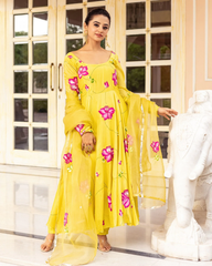trendy Yellow Coloured Flaired Kurta With Bottom And Beautifull Dupatta Set