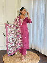 LIGHT PINK COLOURED  WOMEN'S  CHANDERI SILK  EMBROIDERED STRAIGHT   KURTA  WITH PANT DUPATTA  SET