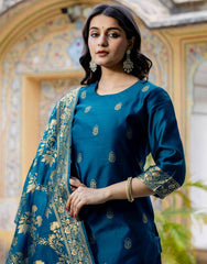 Divastri Women’s Jacquard Silk Blend Kurta Pant Dupatta Set | Rama Blue Ethnic Wear | Festive, Party & Wedding Traditional Outfit for Women in Malaysia