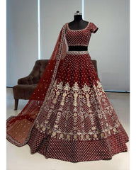 Dark maroon taffeta silk embroidered designer lehenga choli