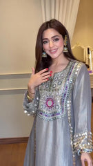 Silver Mirrorwork Kurta Set with Embellished Cuffs