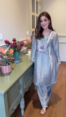 Silver Mirrorwork Kurta Set with Embellished Cuffs