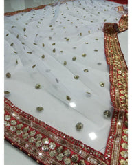 Red and White Colored Diamond Satin Lehenga Choli