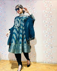 Teal blue banarasi anarkali kurta set with Dhoti pant