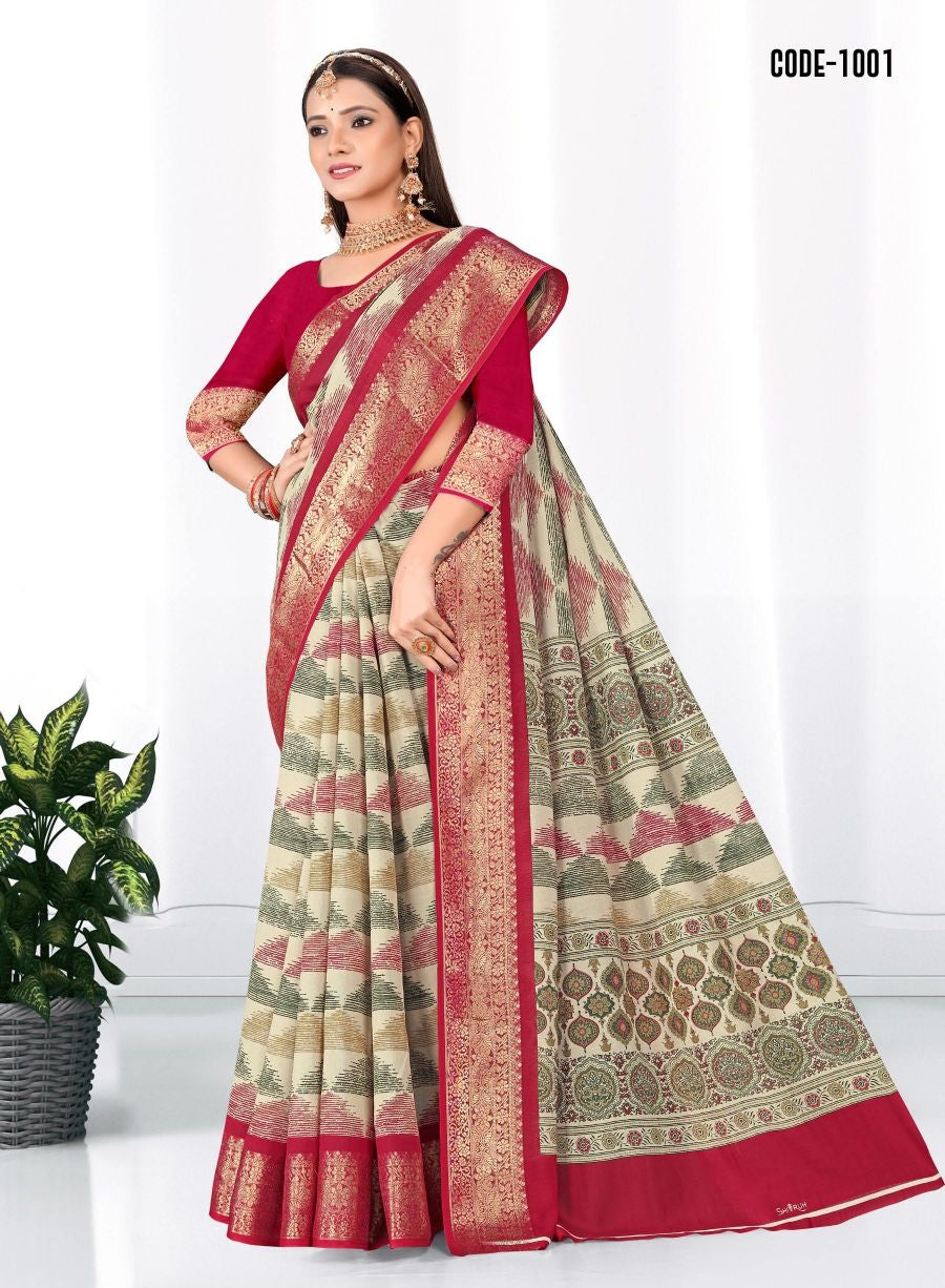 Geometric Print Zari border Soft cotton saree with blouse for women