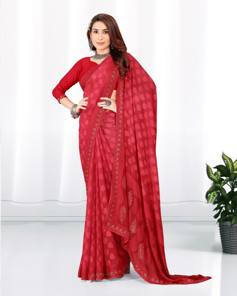 Georgette Diamond work Brasso cut Swarovski saree with blouse for women